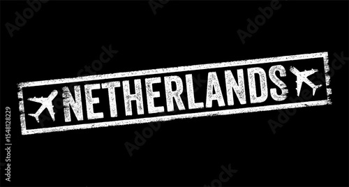 Netherlands - is a country located in Northwestern Europe, text emblem stamp with airplane
