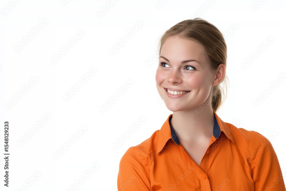 Smiling young Caucasian woman in bright orange shirt on white background Smiling young Caucasian woman in bright orange shirt on white background