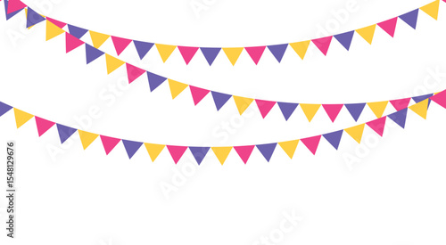 Carnival garland with flags for festive decoration in yellow, violet and pink colors.	