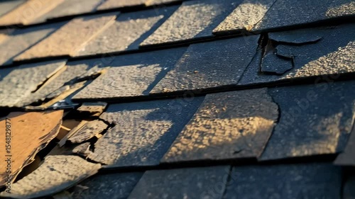 Close-up of damaged asphalt shingles on a residential rooftop showing missing and broken pieces in need of repair.