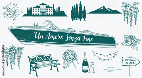 Endless love speedboat pack. Classic runabout with script, grand villa, cypress row, volcano, wisteria, hydrangea, garden bench, fairy-light banner, prosecco and lake sign
