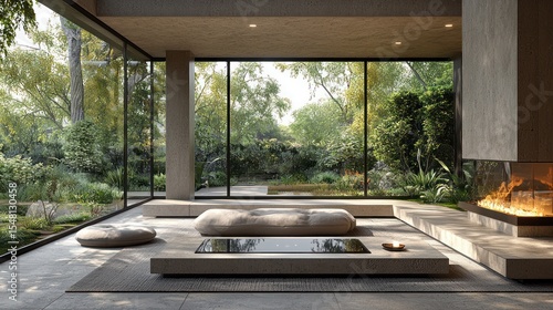Modern zen lounge, fire, garden view, interior design