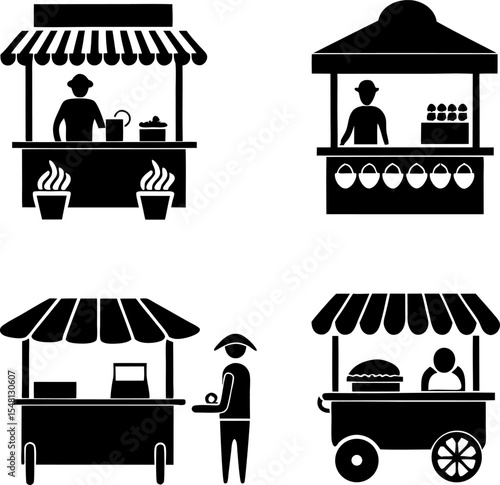street food market stalls standing in public park .eps