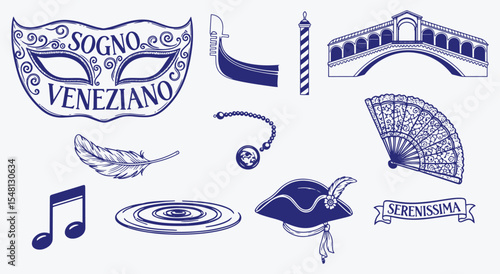 Dreamy Venetian icon bundle. Masquerade mask, gondola, striped mooring pole, Rialto bridge, tricorne hat, lace fan, feather quill, rippling canal and Serenissima banner