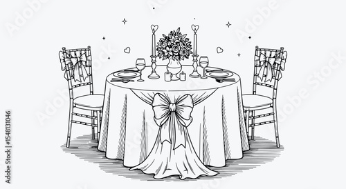 Sweetheart dinner vignette. Single round table with bow sash chairs, candles and sparkling stars drawn in ink style for romantic invitation art
