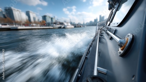 Black police boat moves swiftly through ocean waters, captured in motion with vivid colors and dynamic reflections from the sky