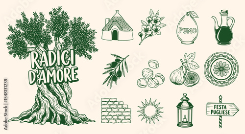 Radici d’amore Puglia icon pack. Ancient olive tree, trullo house, olive branch, fig, sun rosette tile and lantern symbols in deep green rustic sketch