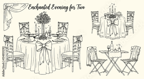 Enchanted evening tablescape set. Floral round banquet, sweetheart bistro and candlelit bow chair décor with swagged drapery in classic graphite line