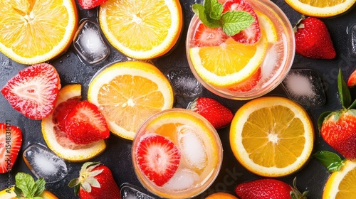 Summer drink layout with sliced oranges, lemons, and strawberries surrounding chilled glassware