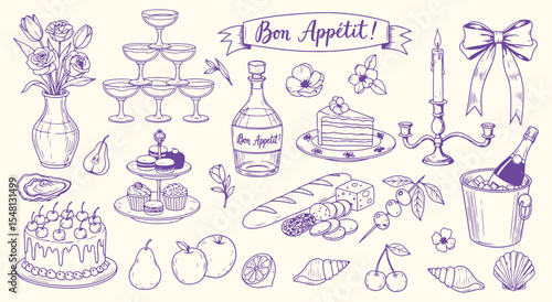 Bon Appetit celebration doodles. Champagne tower, tiered cakes, candelabra, bow, baguette, fruit and wine bucket sketched in lavender for elegant party graphics