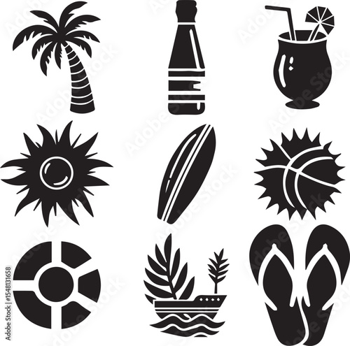 Black and White Vector Silhouette Set of Summer Holiday Beach Elements Including Umbrella Palm Tree Flip Flops and Surfboard for Vacation and Travel Themed Designs