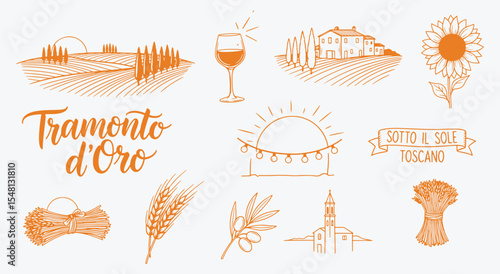 Tramonto d’Oro Tuscan vignette pack. Rolling hills, cypress lane, farmhouse, sunflower, wheat sheaf, olive twig, sunset lights and vino glass in golden sienna tone