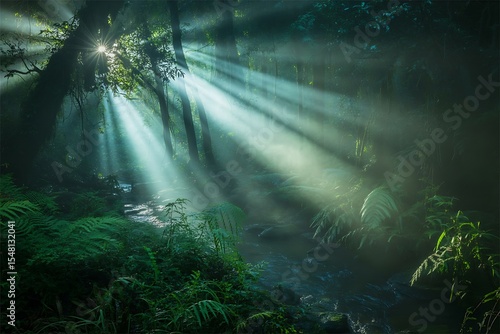Beautiful sunlight shining through a lush forest illuminating a stream and creating a magical atmosphere