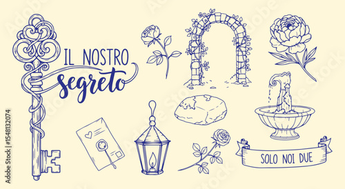 Il nostro segreto garden icon set. Ornate skeleton key, love note, rose arbor, stone bench, lantern, fountain, peonies and Solo noi due ribbon in soft indigo line