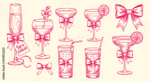 Pink cocktail ribbon icon pack. Sparkling flute, coupe, margarita and lemonade tumbler tied with bows alongside loose decorative knots for party graphics