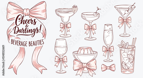 Cheers Darlings beverage beauties. Margarita, coupe, martini, flute and highball glasses dressed with satin bows plus ribbon banner for bridal cocktail art