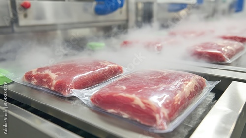 Vacuum pack line with clear sealed meat pouches emerging through steam clouds