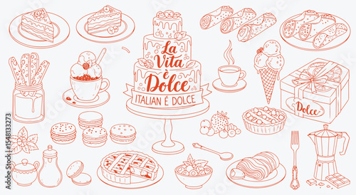 La vita e dolce pastry collection. Cannoli, gelato cone, tiered celebration cake, espresso moka pot, biscotti and assorted Italian sweets icons for bakery branding