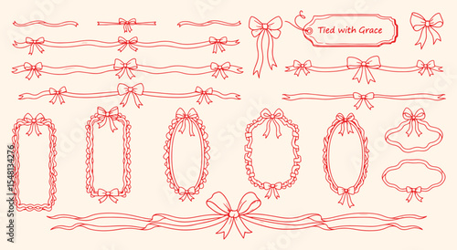 Pink ribbon border bundle. vintage ribbon, Scalloped frames, bow dividers, gift-tag label and long curling sashes drawn in blush line for feminine invitations and scrapbooking