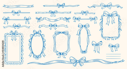 vintage Blue ribbon border collection. Scalloped frames, bow dividers, curling sashes and tiny knot embellishments for scrapbooking, labels or invitation designs