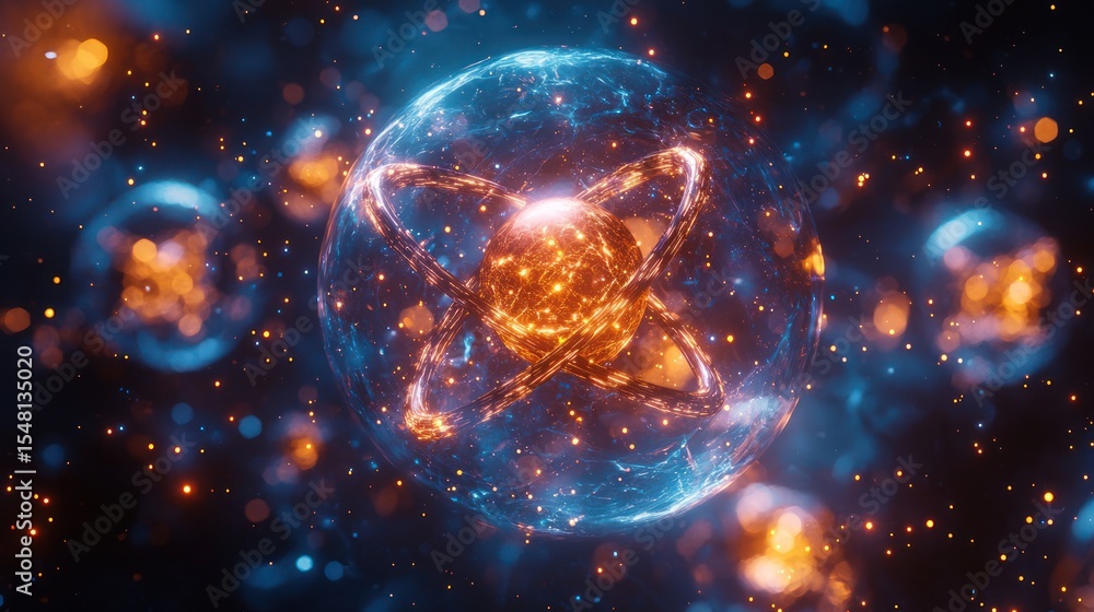 Fototapeta premium Abstract atom in glowing sphere, cosmic background, scientific concept, possible use for educational materials