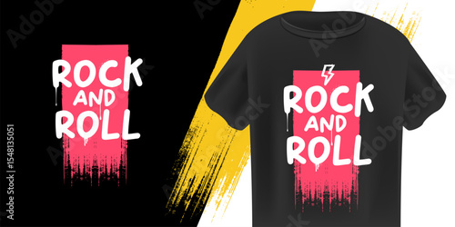 Rock N Roll T-Shirt Design Vector with bold Pink and White Grunge Text with Paint Splatters on Black Background, Ideal for Music, Streetwear, and Festival Apparel. Rock n roll logo design template