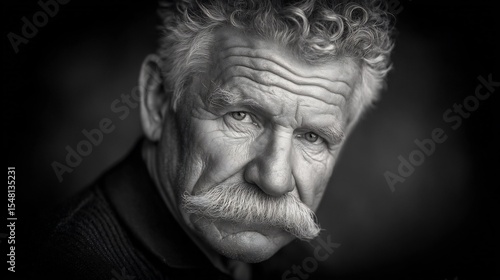 Black and White Portrait of a Mature Man with a Mustache
