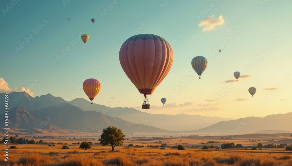 Obraz premium Colorful hot air balloons floating over scenic mountain landscape at sunset aerial view travel content