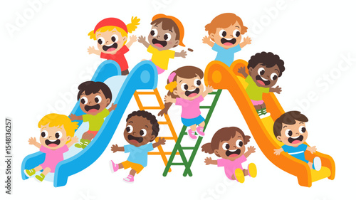 Cartoon children playing on a colorful slide with ladder on a white background