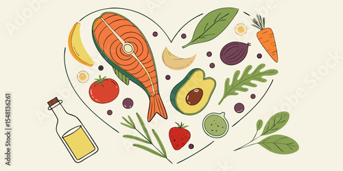 Heart-shaped healthy food design featuring salmon, avocado, and various fruits vegetables perfect for restaurant menus or nutrition guides