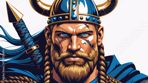 Powerful Viking warrior portrait with braids, horned helmet, and a fierce expression in a striking design