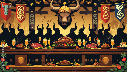 Feast scene with a lavish table filled with meats and drinks, set against a festive Viking backdrop