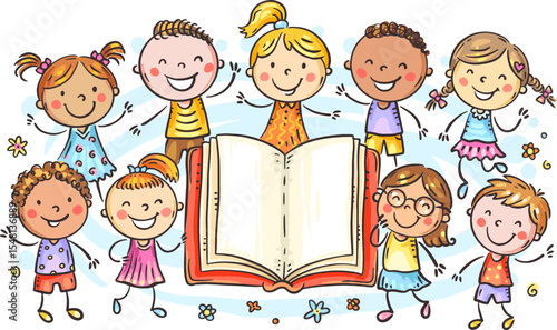Happy children around open book