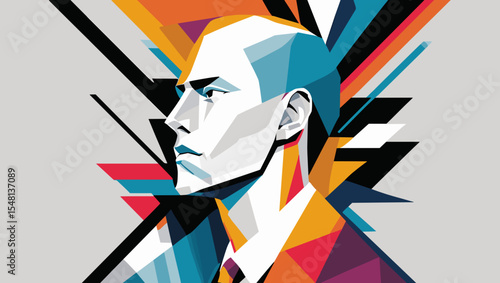 Abstract portrait of a man in a geometric style with vibrant colors and dynamic shapes