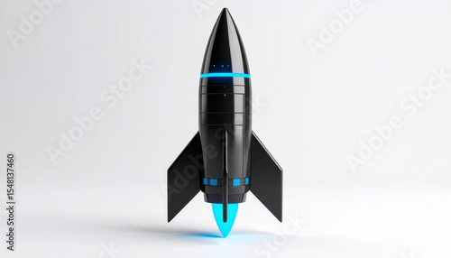 Futuristic sci-fi 3D missile icon, glowing blue accents, matte black surface, cyberpu