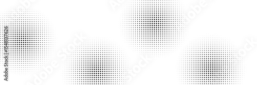 Set of halftone dots gradient pattern texture isolated on white background. Straight dotted spots using halftone circle dot raster texture. Vector blot half tone collection.
