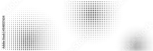 Set of halftone dots gradient pattern texture isolated on white background. Straight dotted spots using halftone circle dot raster texture. Vector blot half tone collection.