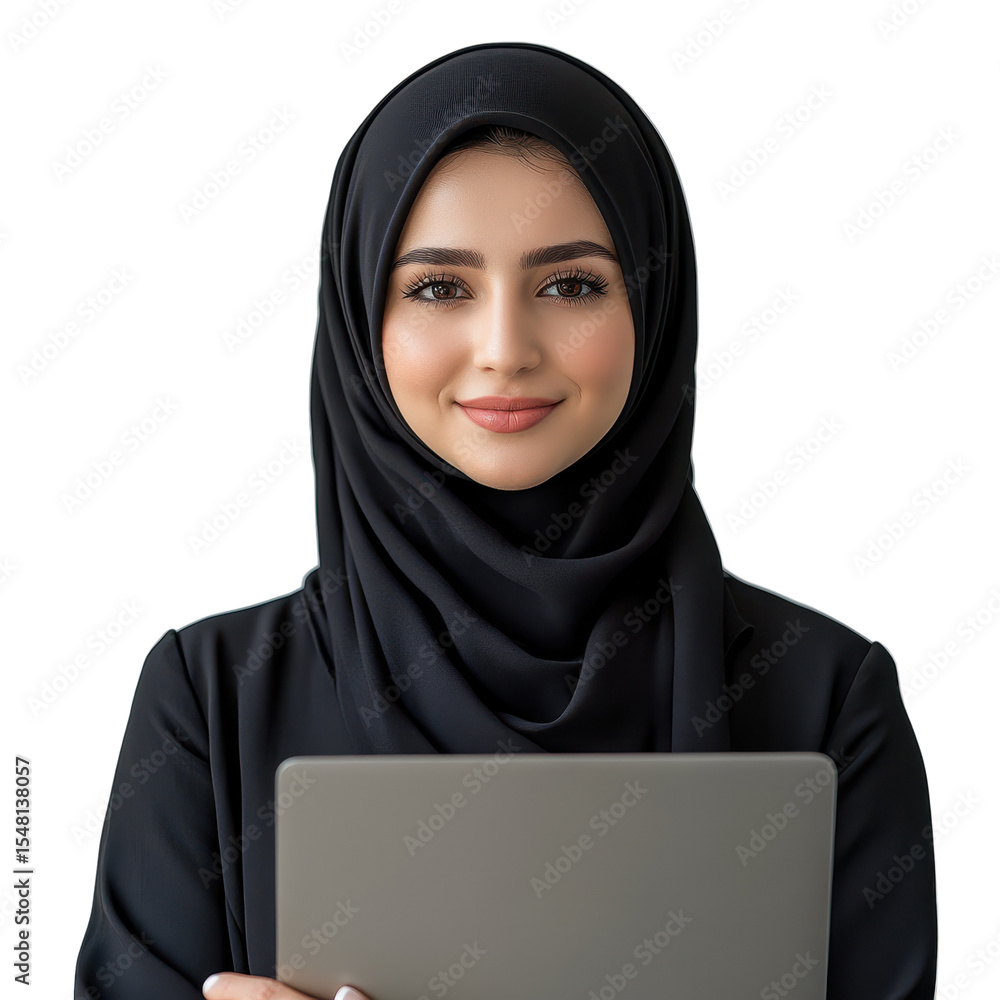 Happy young middle east businesswoman in hijab holding laptop, isolated on transparent background Happy young middle east businesswoman in hijab holding laptop, isolated on transparent background
