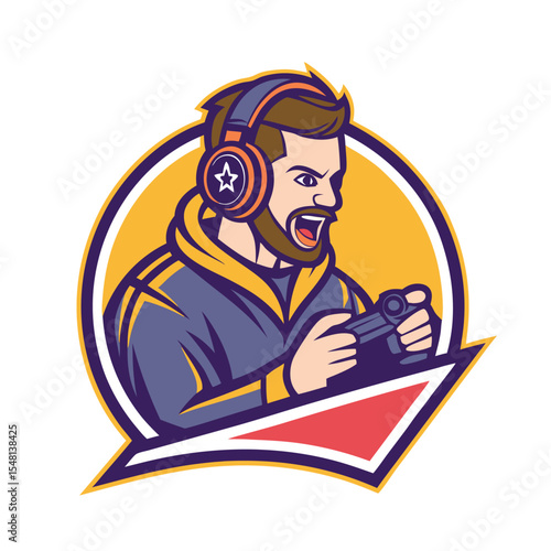 Excited gamer with headphones and controller