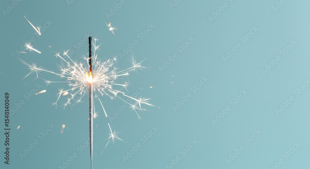 Obraz premium A burning sparkler casts bright sparks against a light blue background