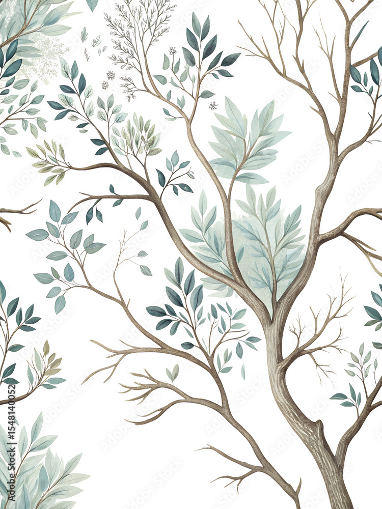 custom made wallpaper toronto digitalA delicate and airy seamless pattern featuring elegant tree branches adorned with various shades of green and teal leaves, all set against a pristine white background.