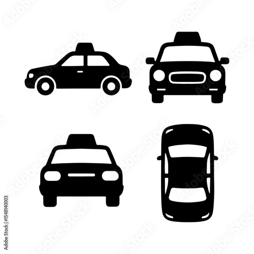 taxi silhouette icons set side, front, back, and top views vector art illustration