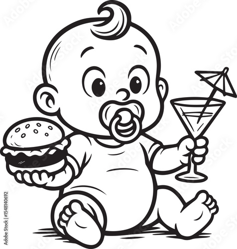 Baby's Delight: A charming cartoon illustration features a baby holding a hamburger in one hand and a cocktail in the other, a playful visual celebrating innocence and indulgence.