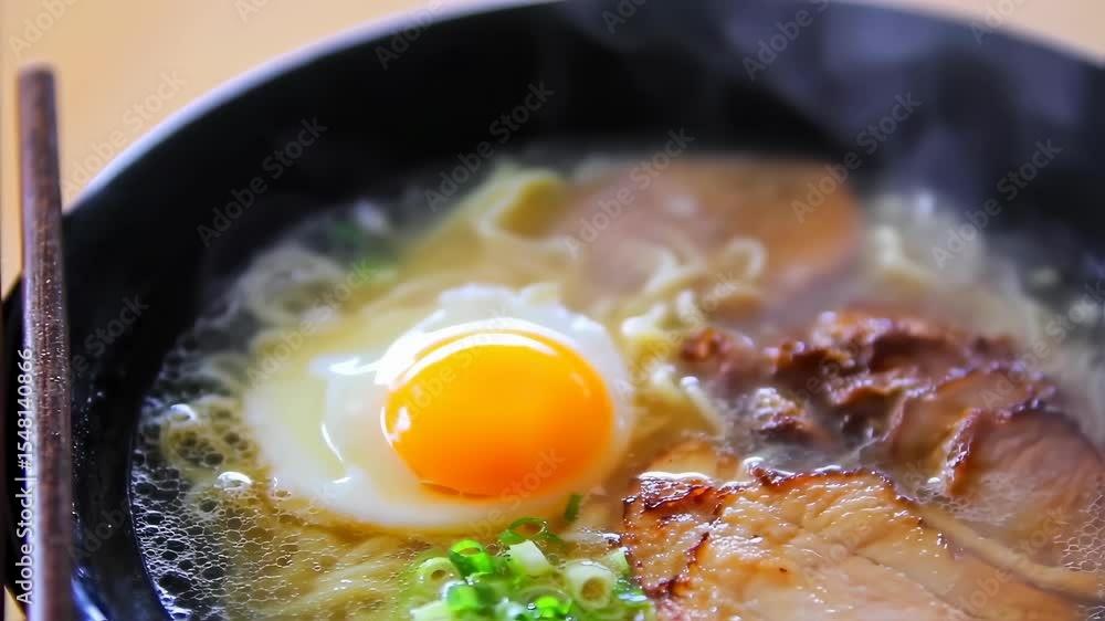 Steaming hot ramen bowl with egg and pork slices in rich broth sequence Steaming hot ramen bowl with egg and pork slices in rich broth sequence