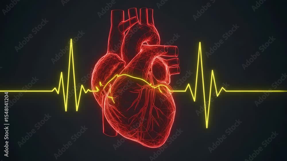 A digital 3d rendering features a glowing heart with an ecg waveform against a dark backdrop.