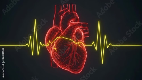 A digital 3d rendering features a glowing heart with an ecg waveform against a dark backdrop.