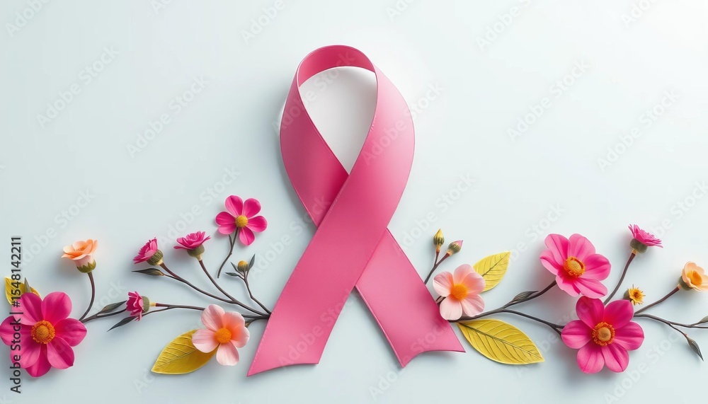 Pink ribbon with stylized floral elements, representing menopause awareness, osteoporosis, campaign Pink ribbon with stylized floral elements, representing menopause awareness, osteoporosis, campaign