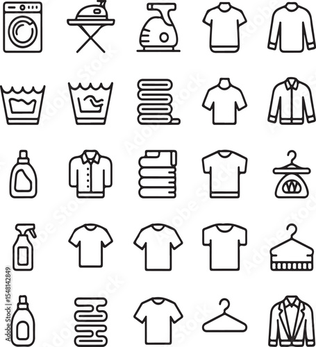 Collection of simple laundry icons representing washing drying cleaning and related activities
