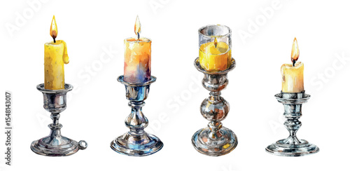 Watercolor and set of retro candles in silver candlesticks. Wax candles with fire standing in old silver candlesticks png. Elements of vintage, coziness, light. Elements for a festive candlelight.