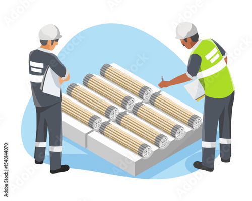 Nuclear plant workers inspecting fuel rods bundles on storage pallet during quality control process in uranium fuel fabrication facility